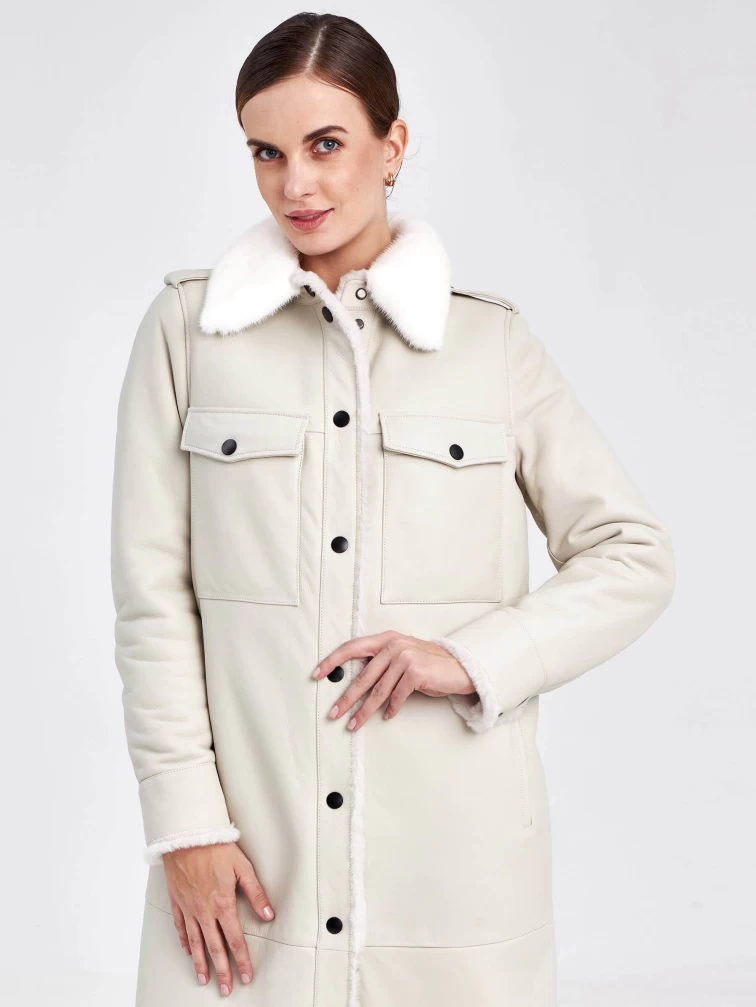 Женская дубленка рубашка с воротником из меха норки премиум класса 2016, белая, размер 48, артикул 62741-3