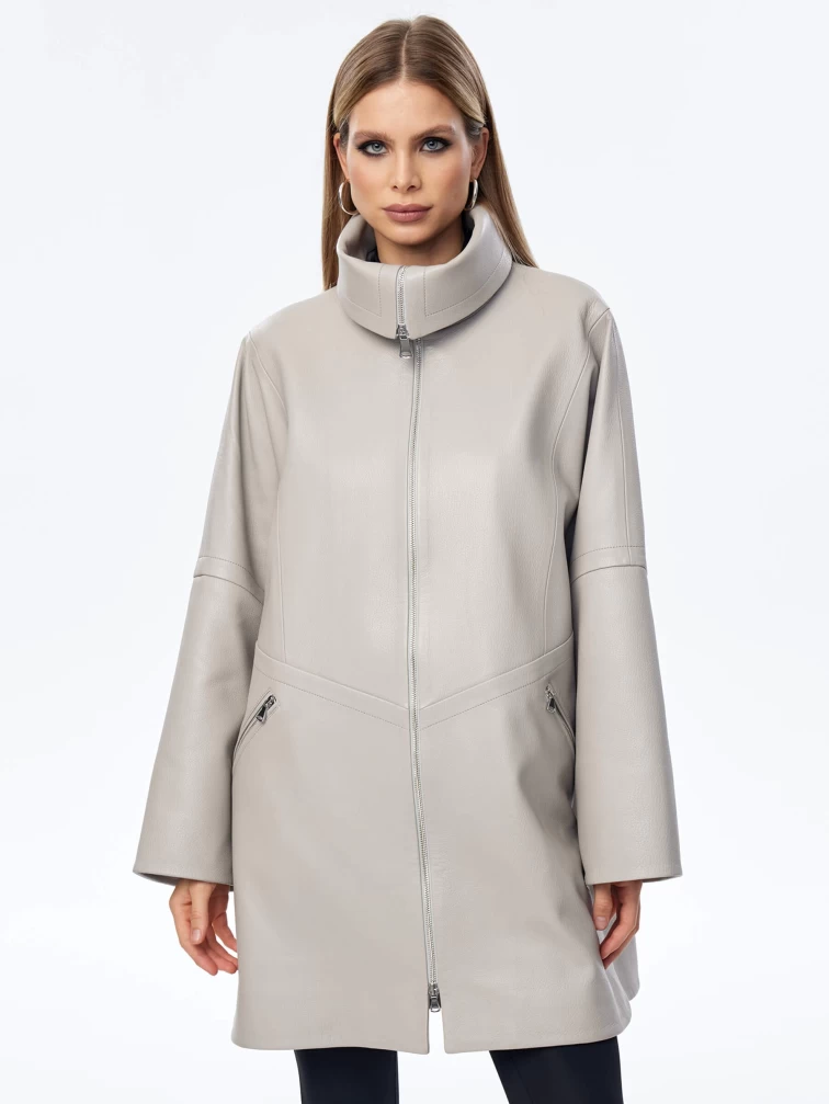 Кожаный плащ оверсайз на молнии для женщин премиум класса 3057, серый, размер 52, артикул 23540-0