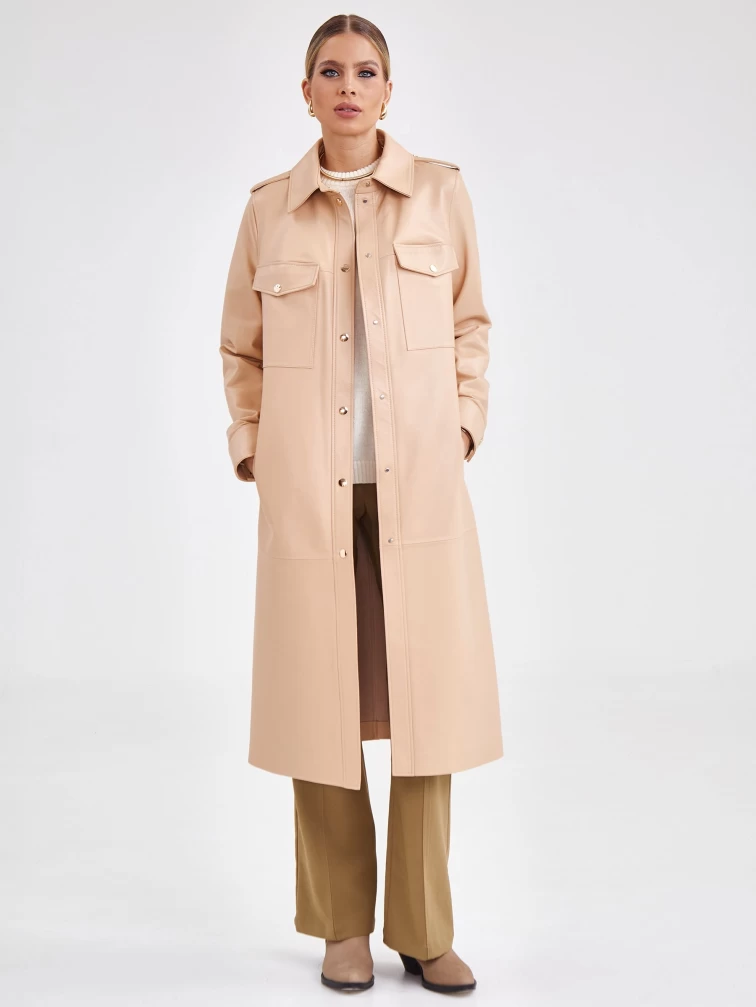 Платье рубашка кожаная женская из натуральной кожи премиум класса 03, бежевая, размер 44, артикул 23181-5