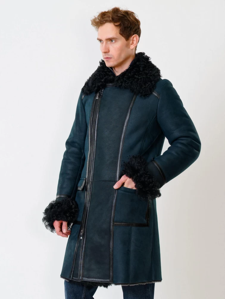 Длинная мужская дубленка с мехом тиградо премиум класса 424, синяя, размер 52, артикул 70310-6
