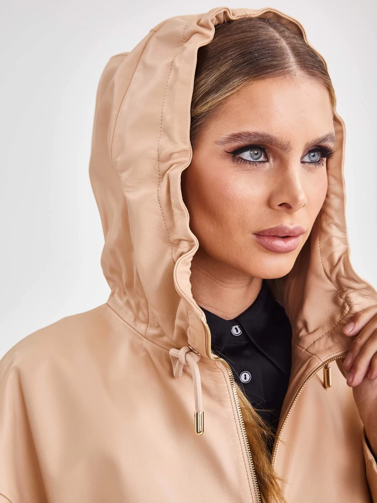 Кожаное женское пальто с капюшоном на молнии премиум класса 3034, бежевое, размер 48, артикул 63420-2