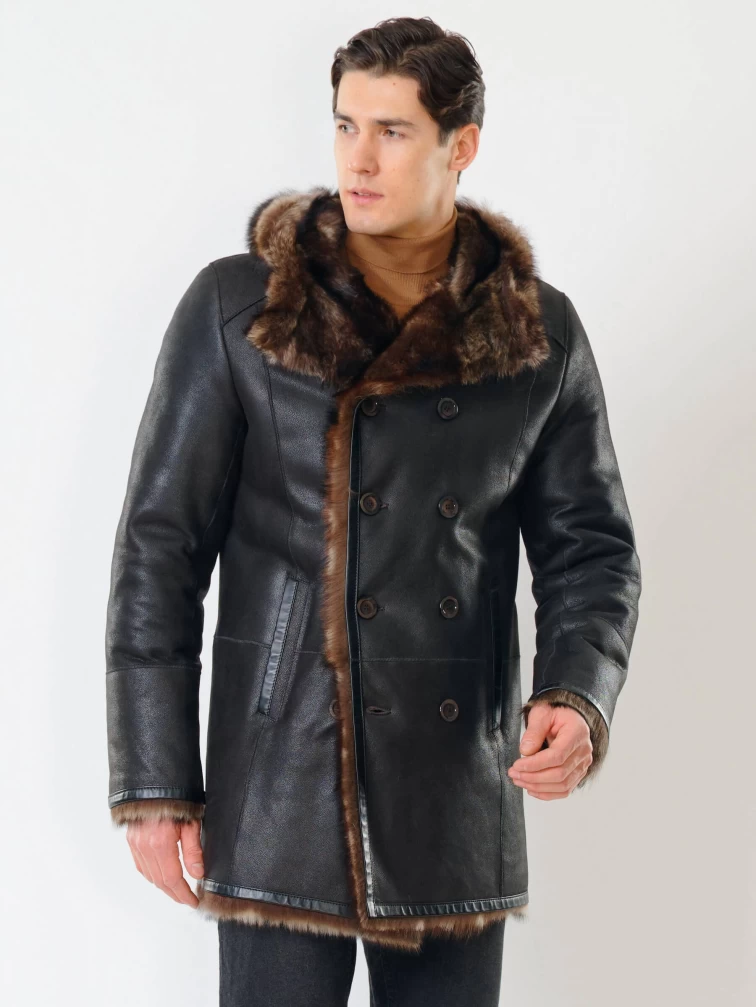 Двубортная мужская дубленка из тосканы с капюшоном премиум класса 415, черная, размер 54, артикул 70641-5