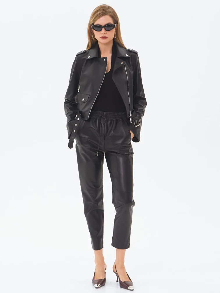 Кожаные прямые женские брюки из натуральной кожи 09, черные, размер 44, артикул 86010-7