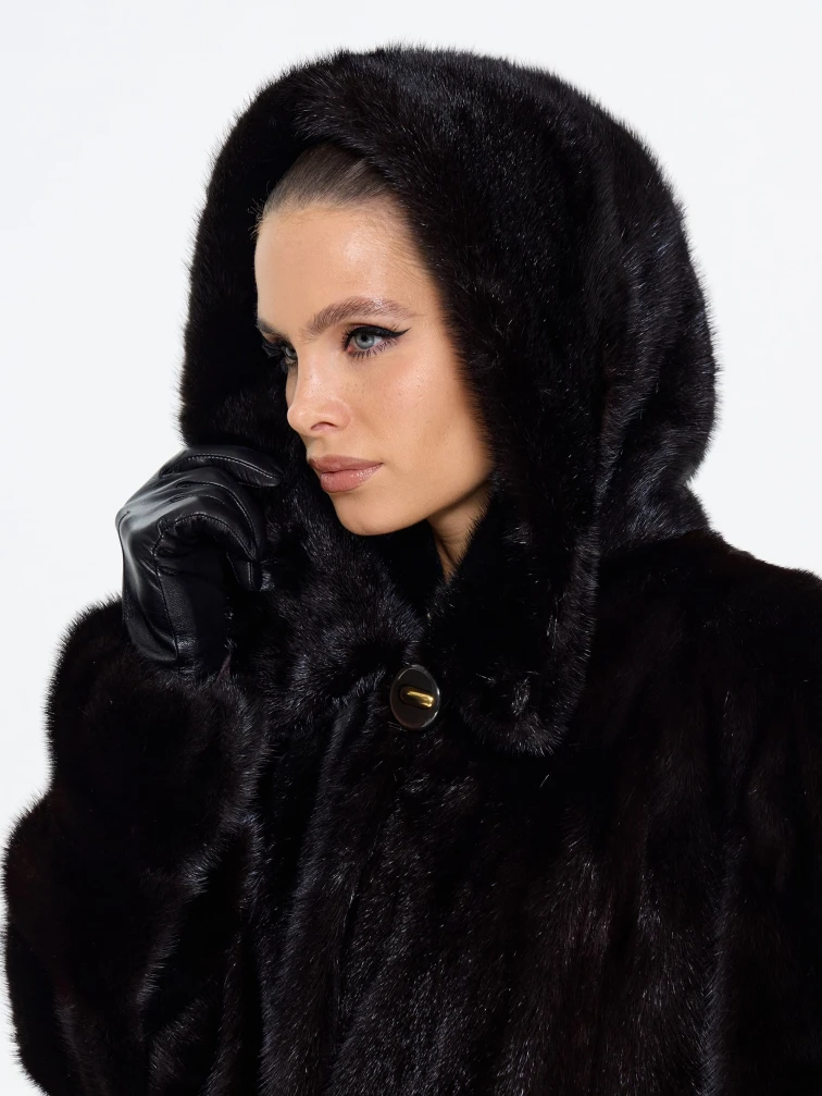 Шуба женская из меха норки с капюшоном М-102-1221, коричневая, размер 60, артикул 65430-3