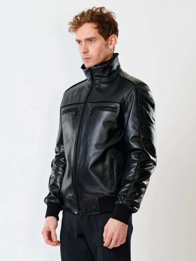 Мужская зимняя кожаная куртка на подстежке из овчины 515, черная, размер 50, артикул 40840-5