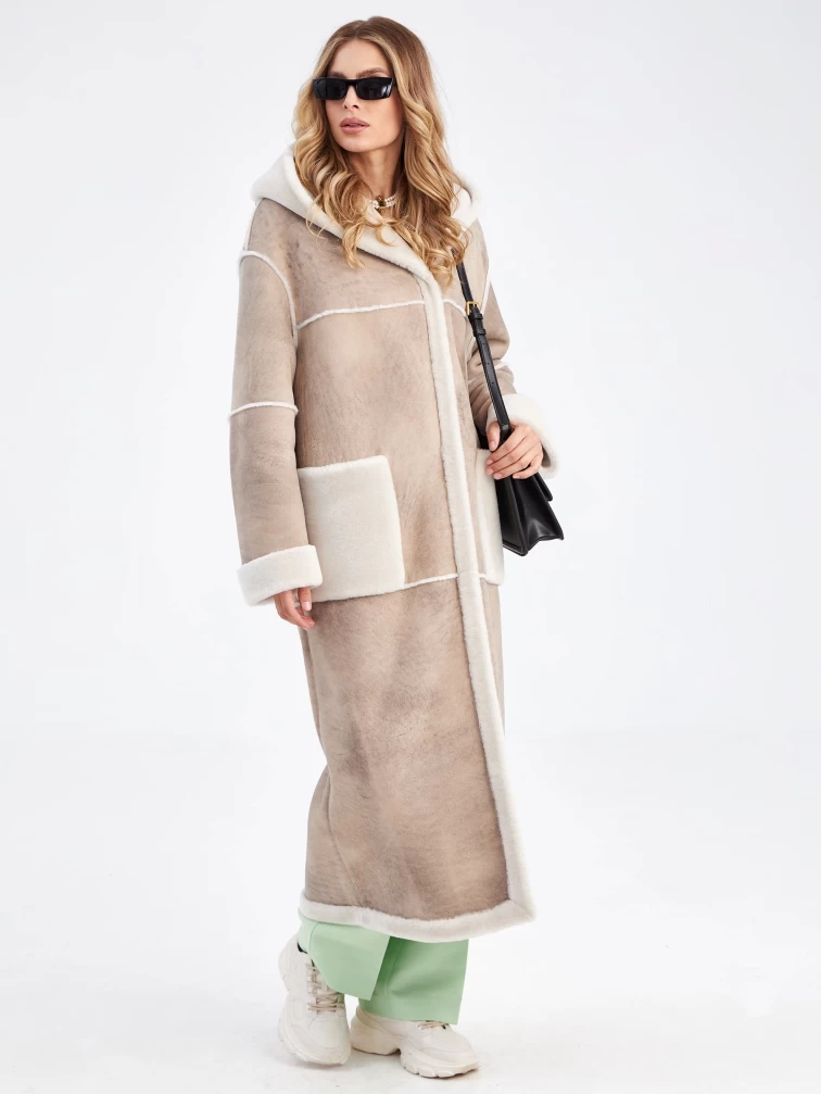 Женская длинная дубленка оверсайз с капюшоном премиум класса 2021, бежевая, размер 46, артикул 62980-1