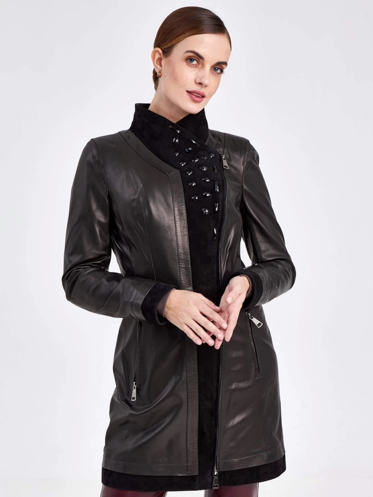 Кожаный плащ женский 395, черный, размер 46, артикул 91770-0