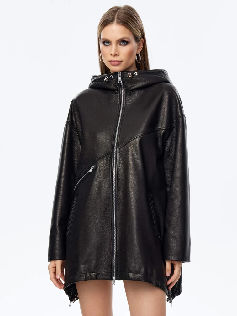 Кожаный плащ оверсайз с капюшоном для женщин премиум класса 3054, черный, размер 48, артикул 24000-1