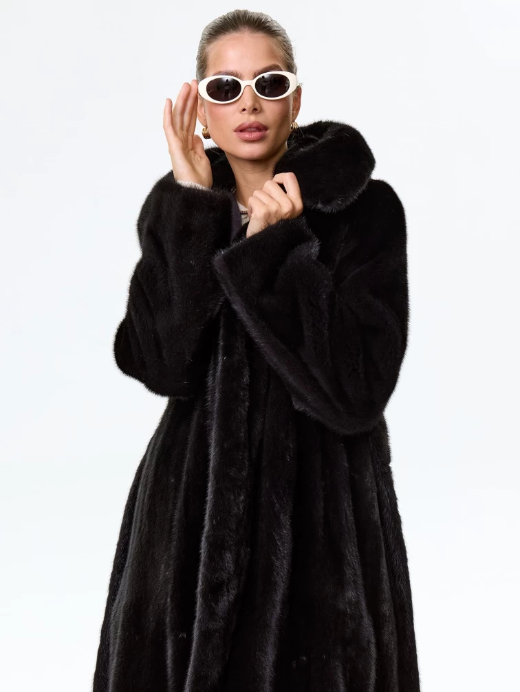 Женское норковое пальто с капюшоном премиум класса Лина, черное, размер 48, артикул 64570-2