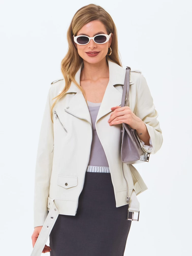 Кожаная женская куртка косуха с поясом премиум класса 3078, белая, размер 42, артикул 24520-0