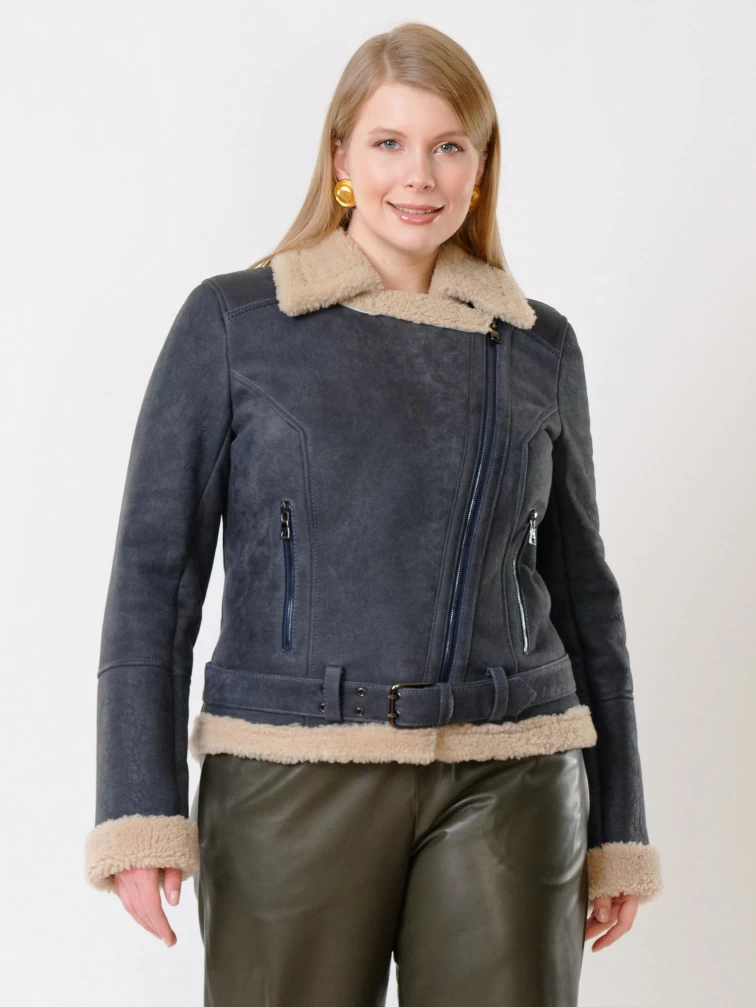 Короткая женская дубленка косуха из керли 201, синяя, размер 44, артикул 61990-6