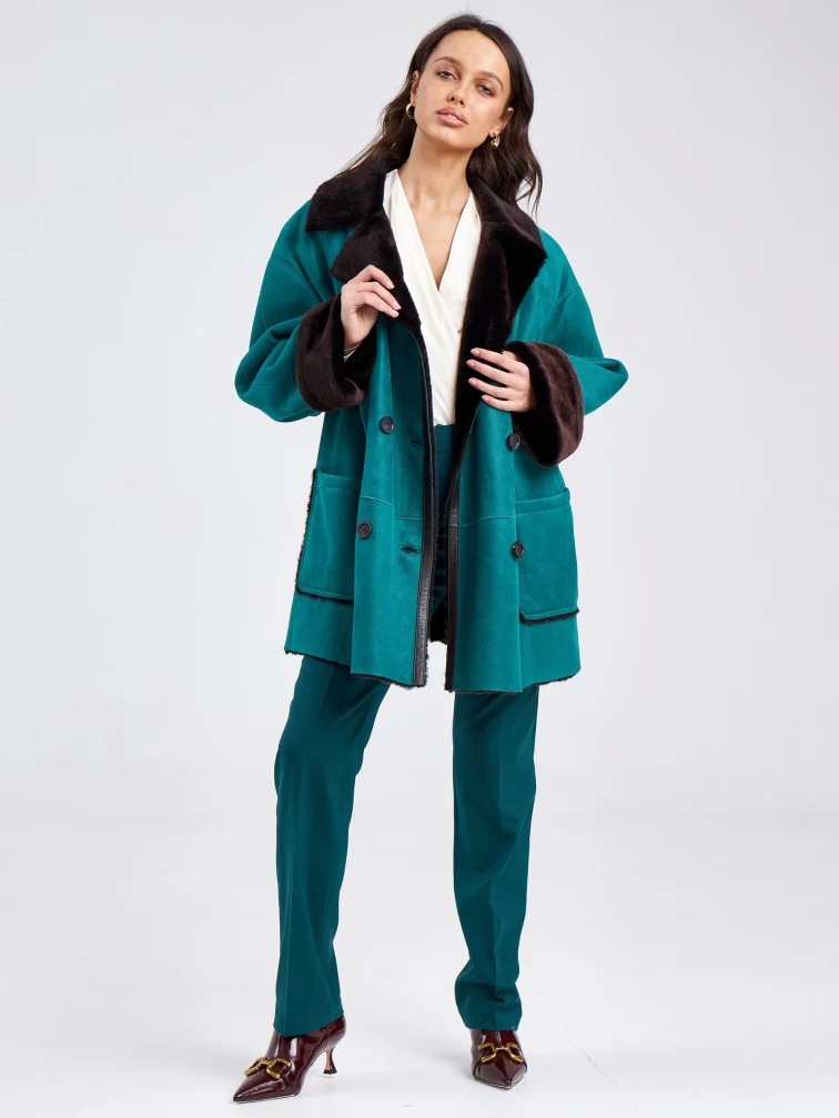 Короткая двубортная женская дубленка премиум класса 298, зеленая, размер 68, артикул 62890-4