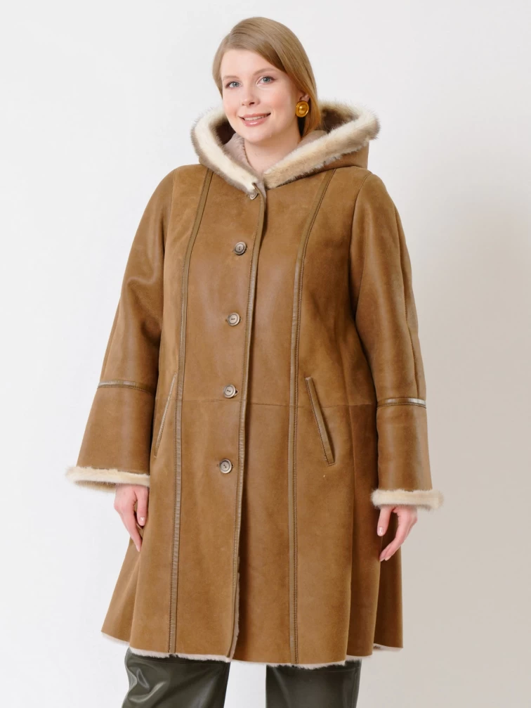 Женская дубленка с капюшоном и отделкой из меха норки 225у, бежевая, размер 50, артикул 14840-1
