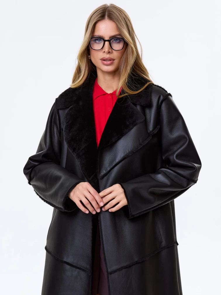 Длинная классическая женская дубленка премиум класса 2054, черная, размер 48, артикул 64170-6