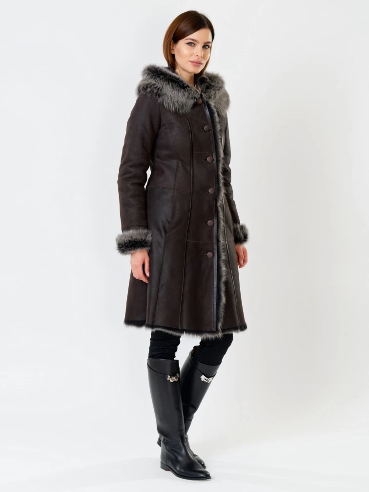 Длинная женская дубленка из тосканы с капюшоном 123нк, коричневая, размер 56, артикул 61901-3