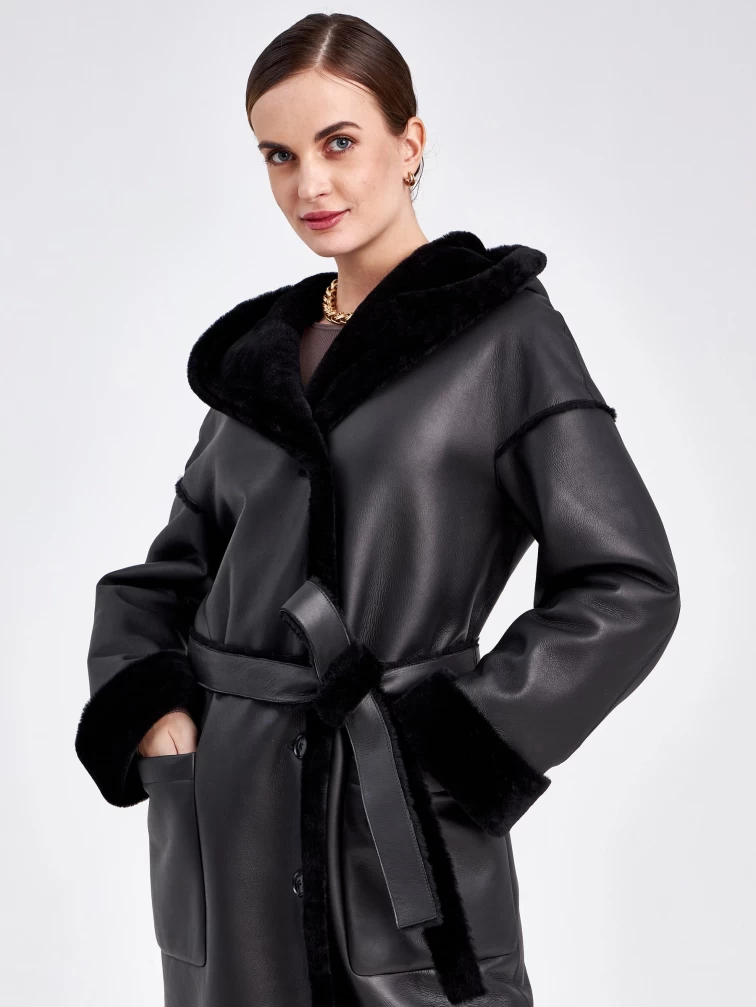 Длинная женская дубленка оверсайз с капюшоном премиум класса 2008, черная, размер 44, артикул 62601-3