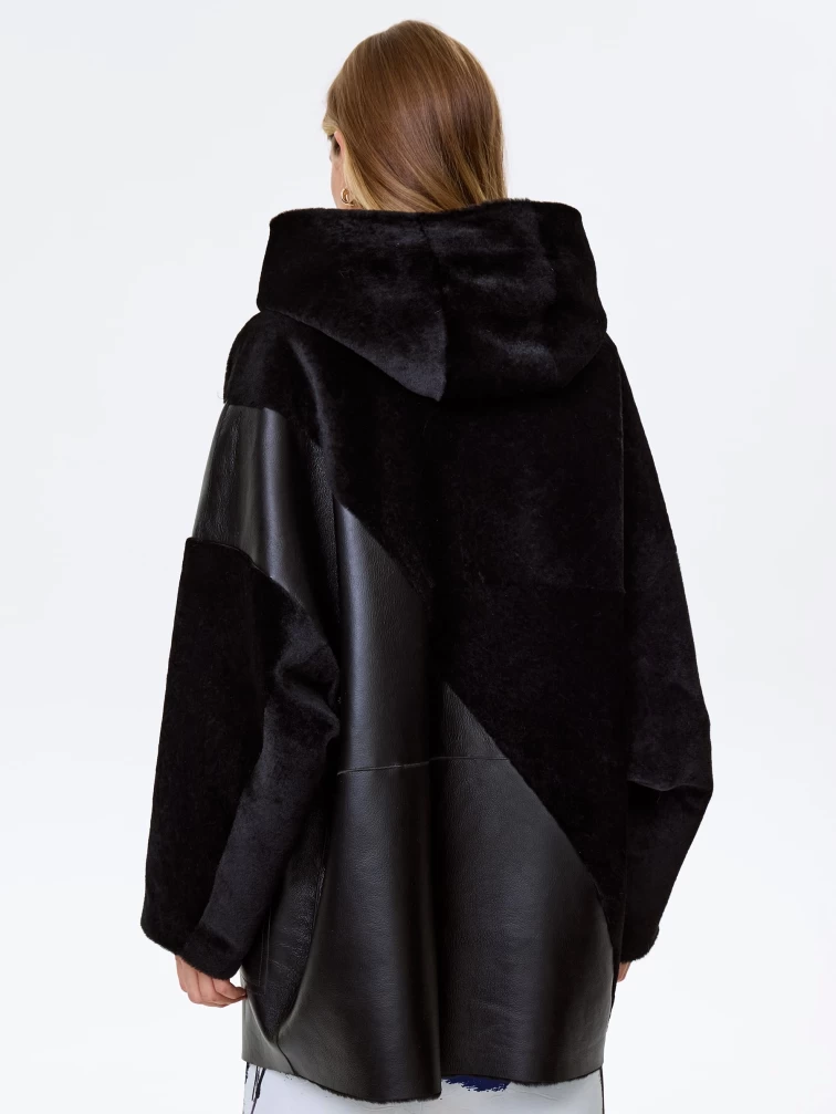 Женское полупальто оверсайз из натуральной овчины с капюшоном премиум класса 2055, черное, размер 50, артикул 64270-6