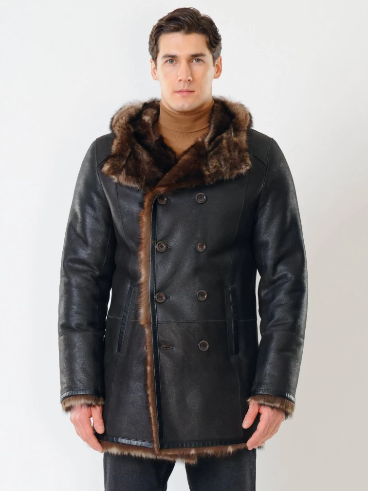 Двубортная мужская дубленка из тосканы с капюшоном премиум класса 415, черная, размер 54, артикул 70641-0