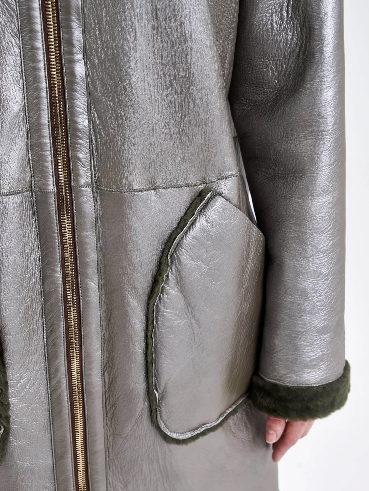 Женская двусторонняя дубленка из астрагана с мехом норки премиум класса 2018, хаки, размер 44, артикул 62770-4