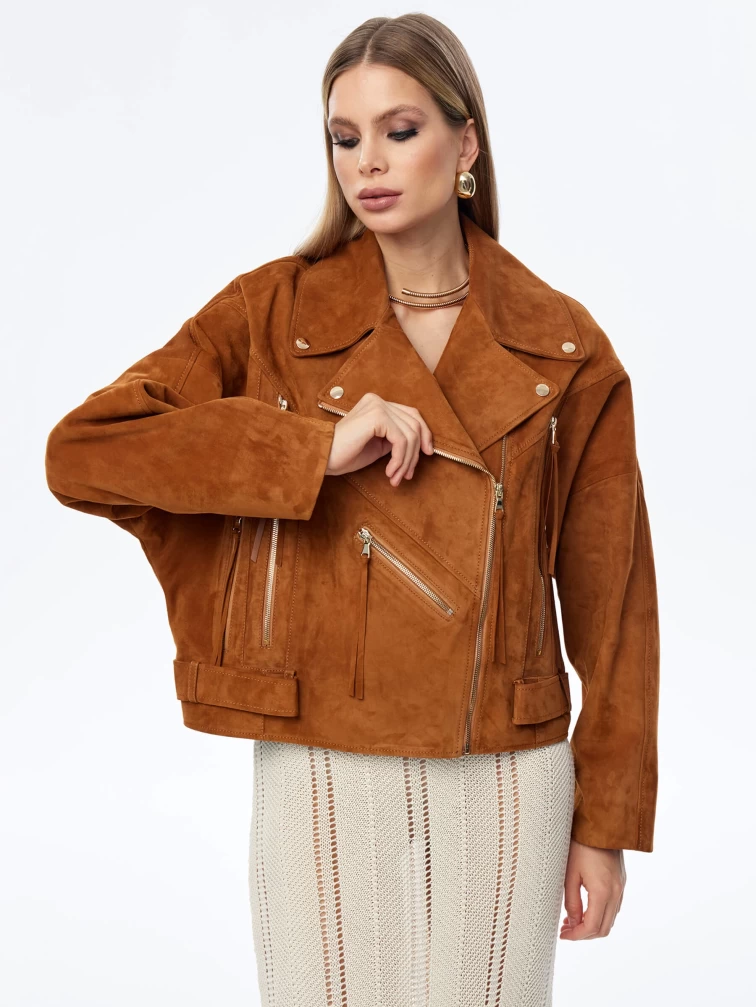 Короткая женская замшевая куртка косуха премиум класса 3051з, виски, размер 46, артикул 23920-2