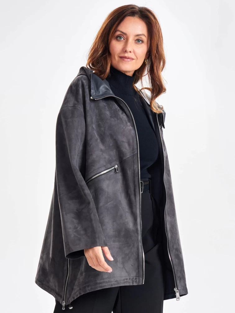 Замшевый женский плащ оверсайз на молнии с капюшоном премиум класса 3053з, темно-серый, размер 48, артикул 23480-6