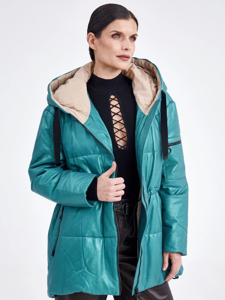 Кожаная женская куртка оверсайз с капюшоном премиум класса 3021, зеленая, размер 48, артикул 25470-0