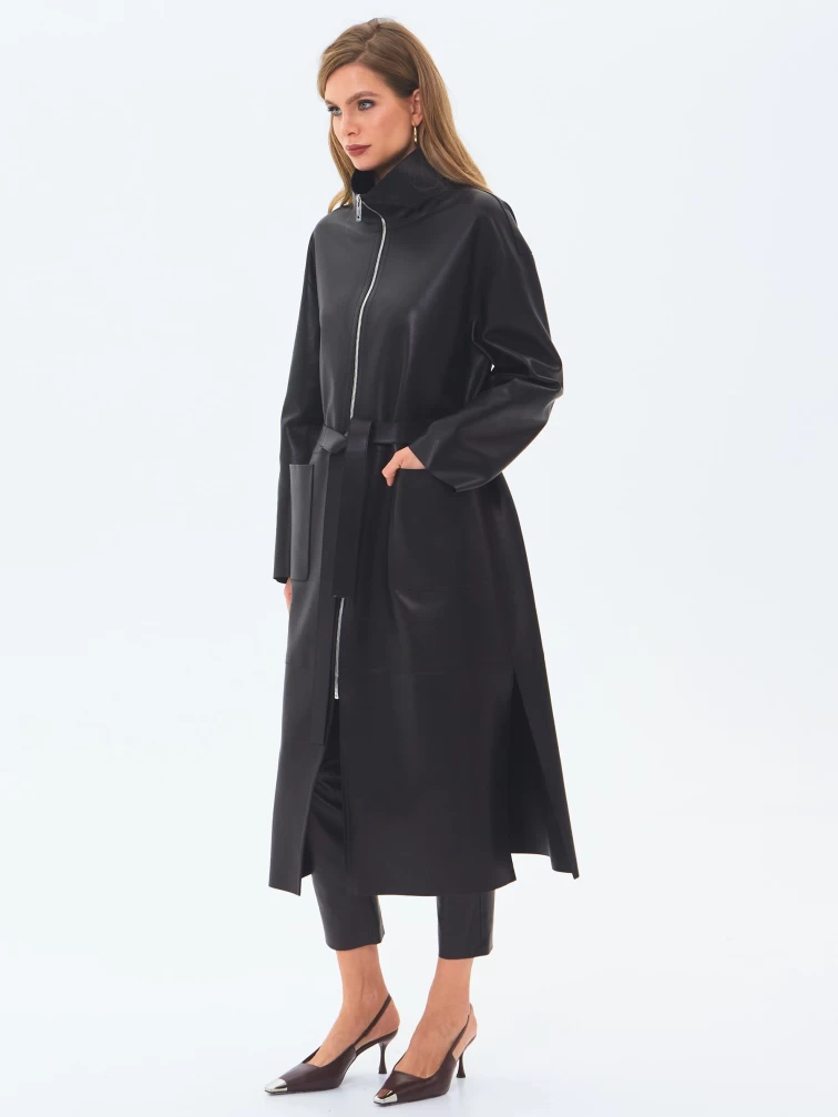 Длинный женский кожаный плащ премиум класса 3082, черный, размер 46, артикул 24560-7