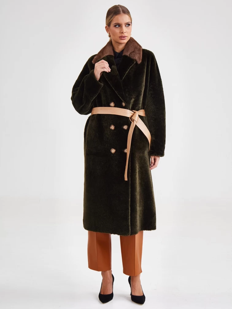 Двусторонняя двубортная женская шуба из астрагана с мехом норки премиум класса 2017, хаки, размер 48, артикул 62790-5