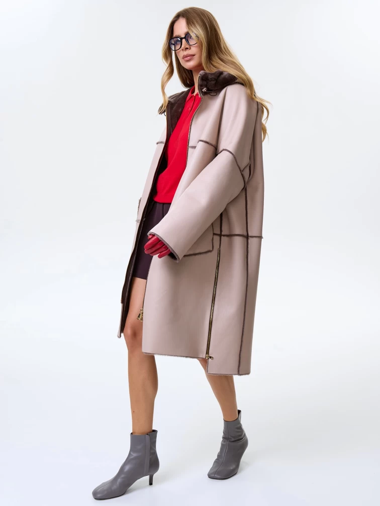 Женское полупальто с капюшоном из натуральной овчины премиум класса 2052, бежевое, размер 46, артикул 64280-2