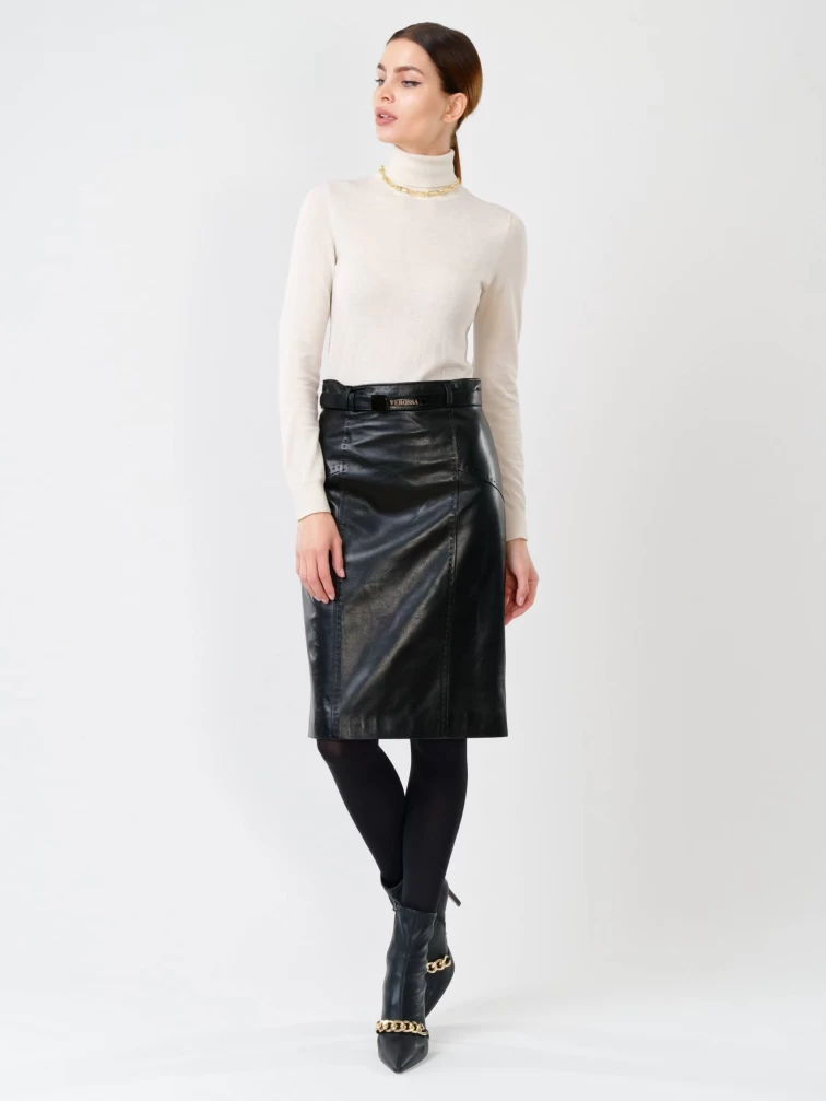 Кожаная юбка миди с запахом 07, черная, размер 44, артикул 85301-6