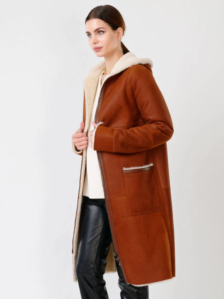 Женская длинная дубленка из керли с капюшоном 203, табачно-рыжая, размер 44, артикул 61741-1