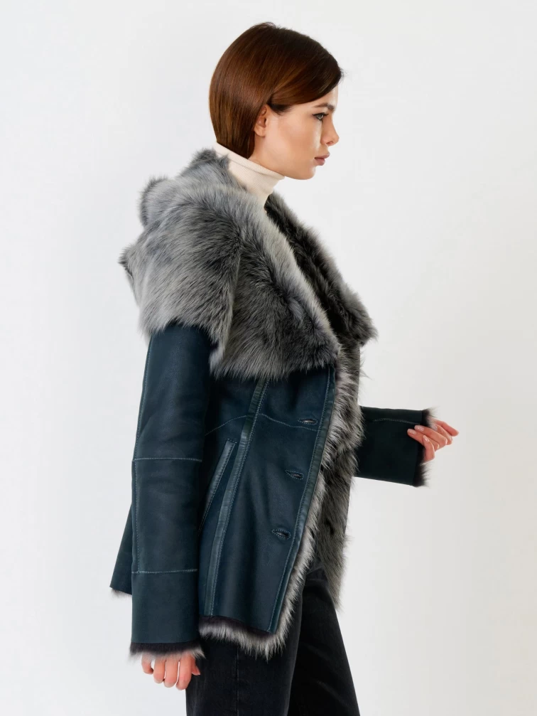 Короткая женская дубленка из тосканы с капюшоном 122, синяя, размер 40, артикул 61852-5