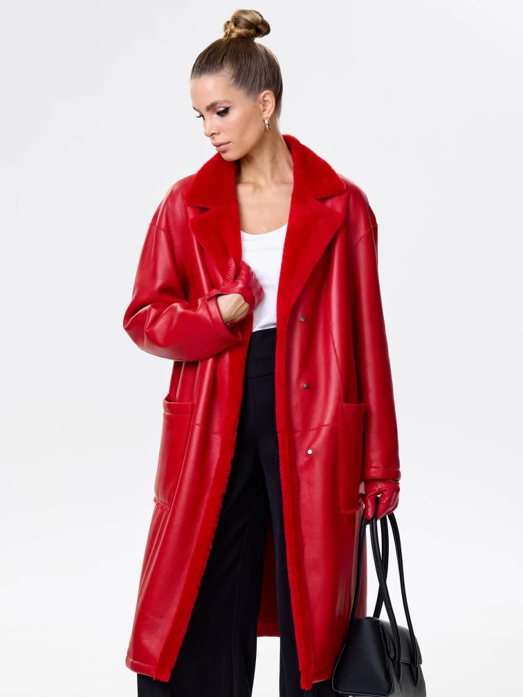 Длинная женская дубленка оверсайз премиум класса 2002, красная, размер 44, артикул 62441-0
