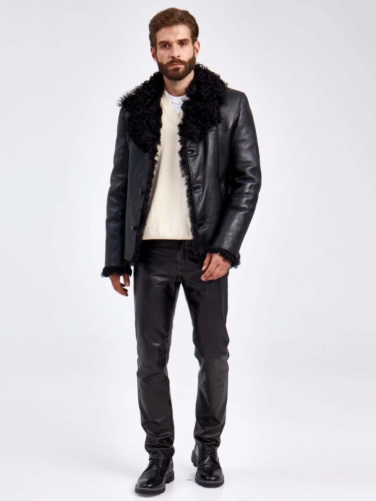 Короткая мужская дубленка из овчины тиградо 1062, черная, размер 50, артикул 29360-5