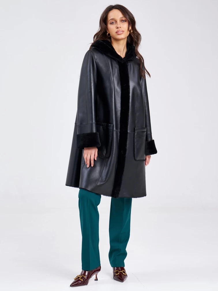 Женское классическое пальто с капюшоном из натуральной овчины премиум класса 2004, черное, размер 56, артикул 63800-0