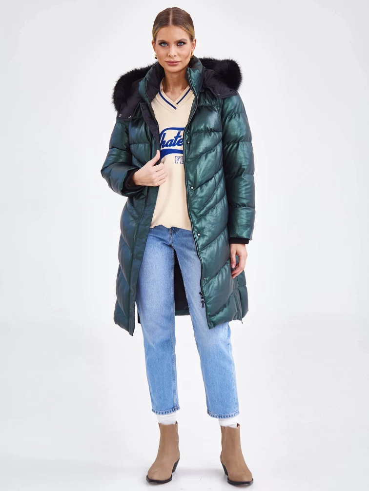 Женское стеганое кожаное пальто с меховым капюшоном премиум класса 3048, зеленое, размер 44, артикул 25680-6