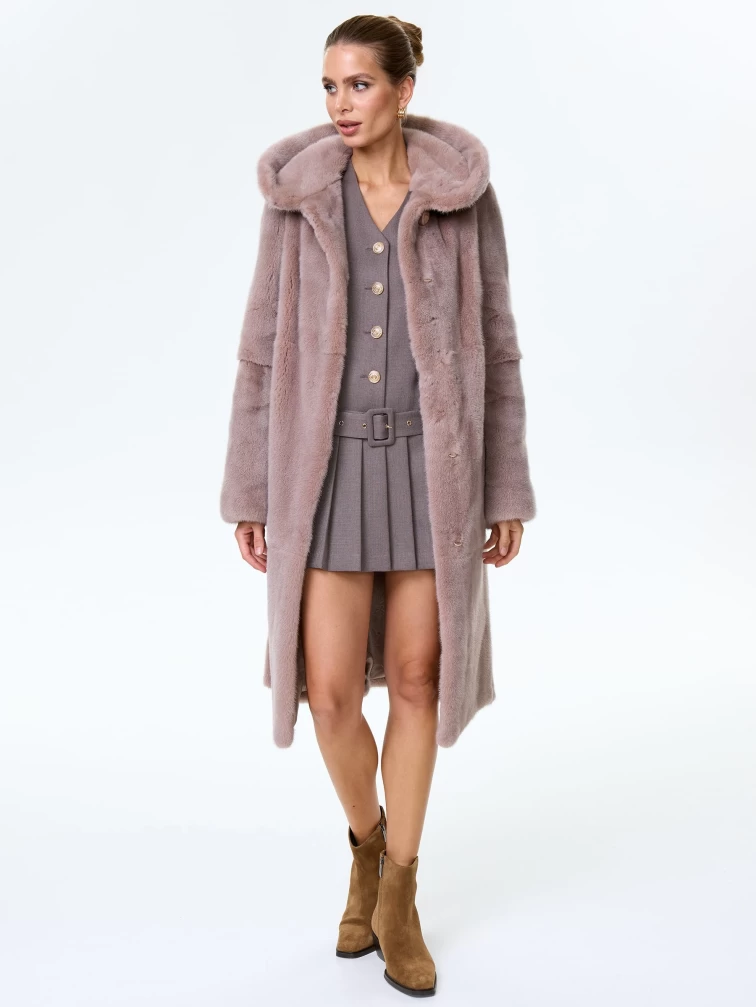 Норковая шуба женская с капюшоном под пояс Лолита(к), пудровая, размер 46, артикул 34170-6