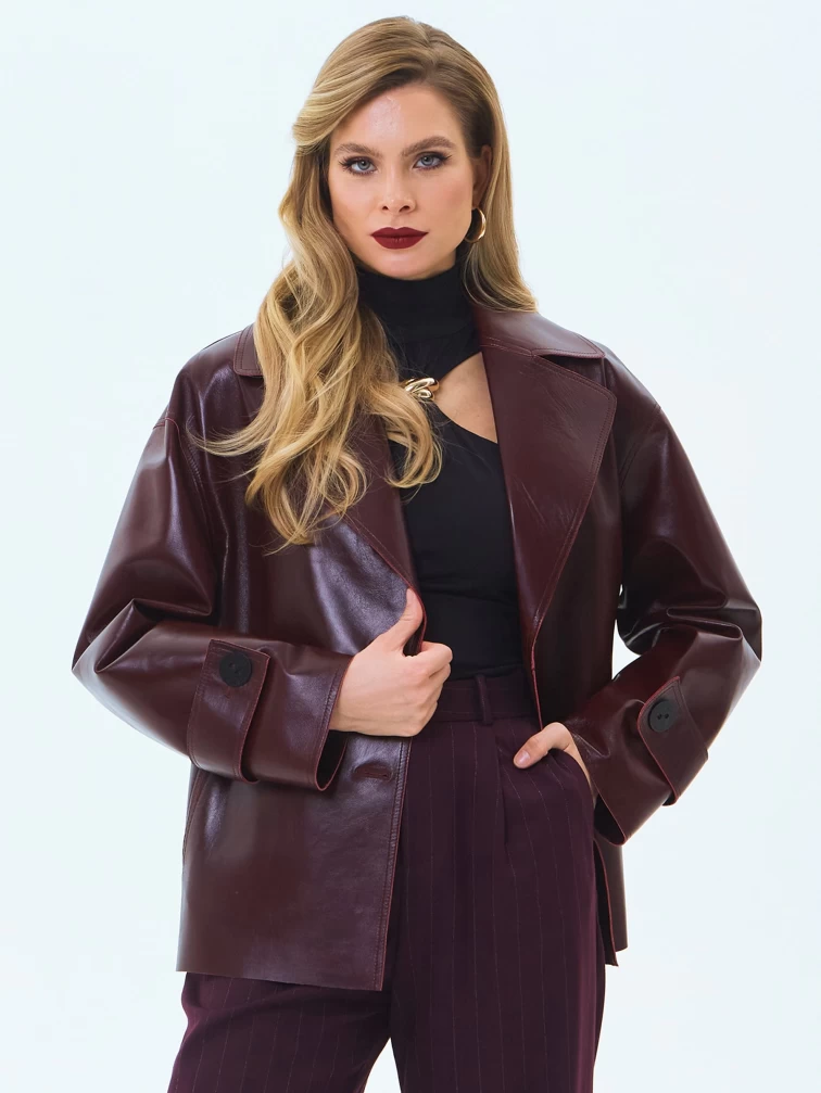 Бордовый кожаный женский пиджак премиум класса 3097, размер 48, артикул 24310-4