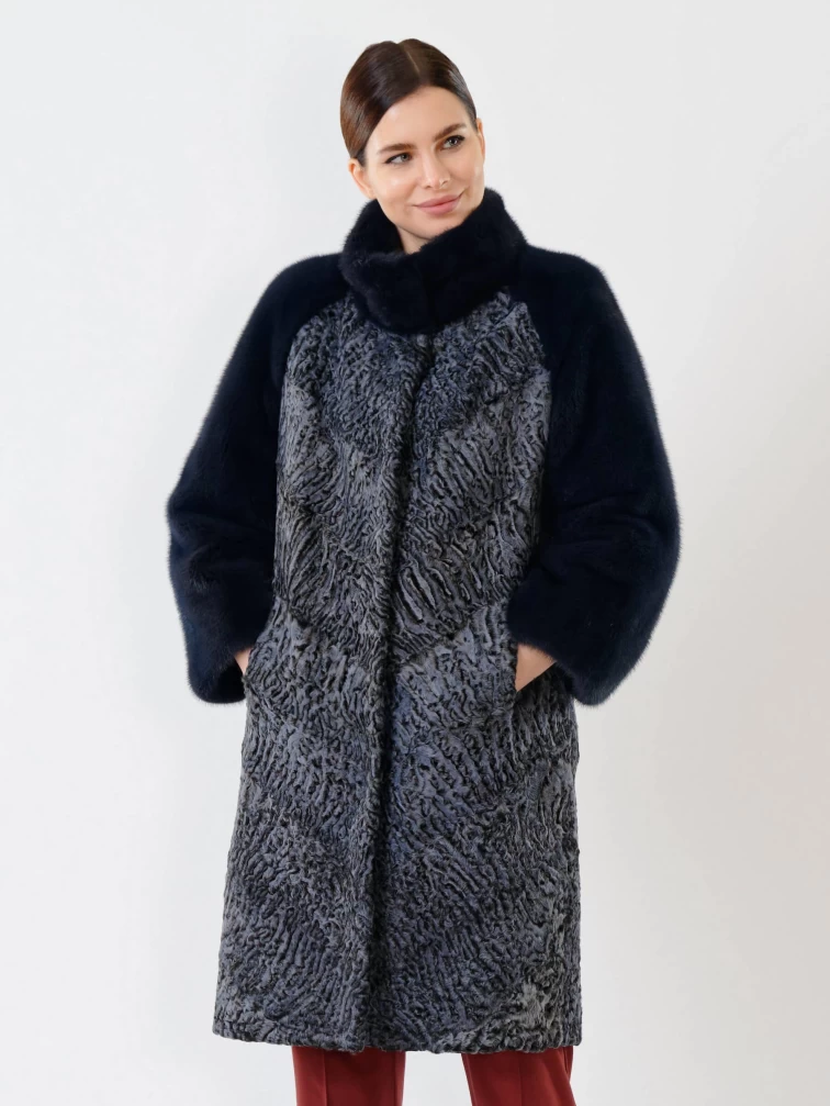 Женская шуба из меха каракуля с мехом норки 18107(сн), коричневая, размер 44, артикул 22540-0