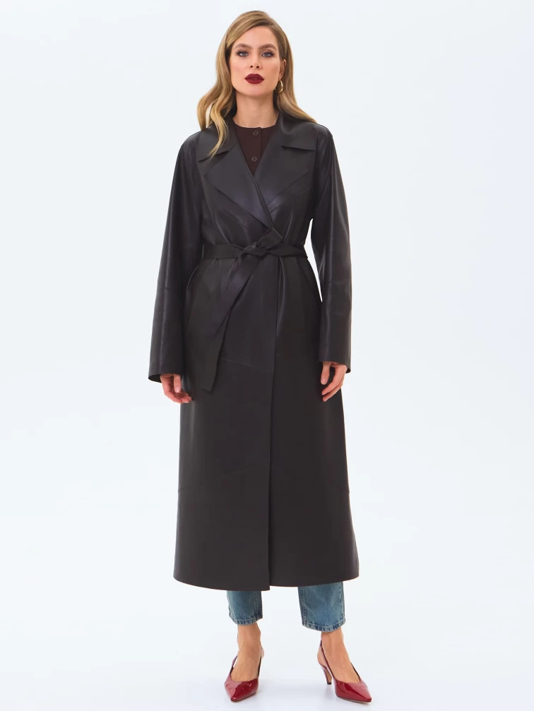 Длинный женский кожаный плащ премиум класса 3081, коричневый, размер 50, артикул 24660-6