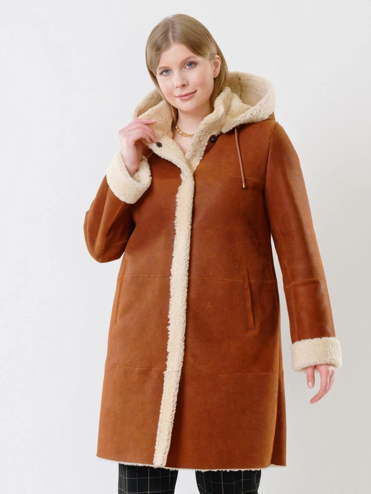 Женская дубленка из керли с капюшоном 202, табачно-рыжая, размер 46, артикул 62141-0