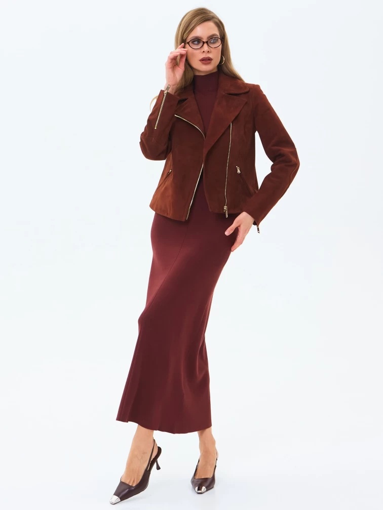 Короткая женская замшевая куртка косуха премиум класса 3095з, табачная, размер 46, артикул 24450-1