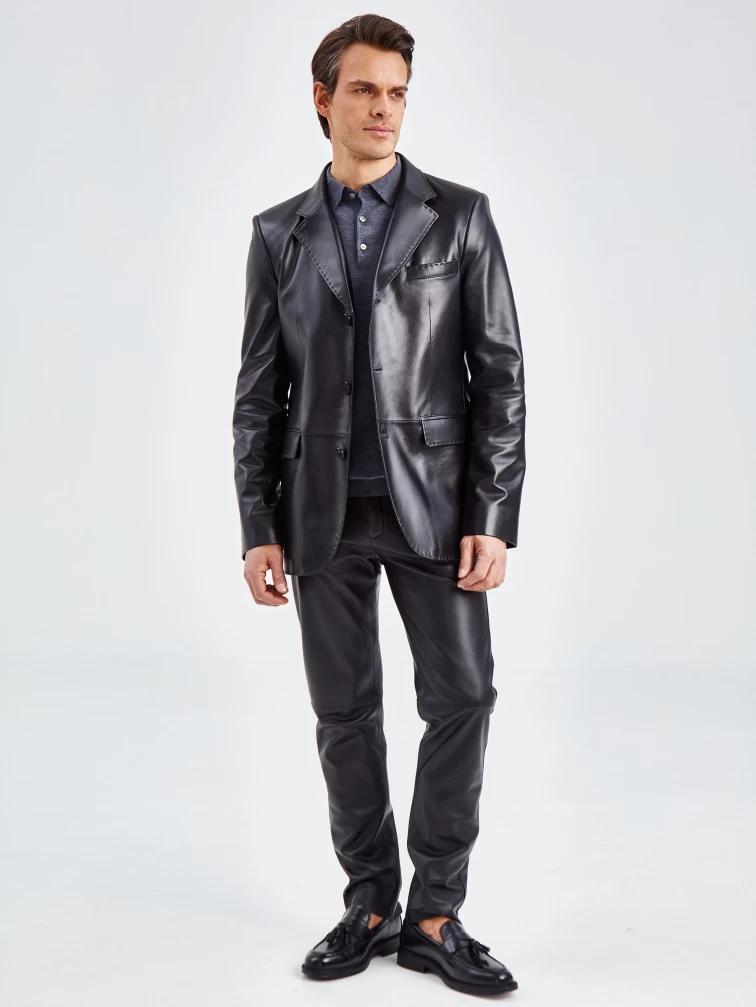 Мужской кожаный пиджак на ручном стежке премиум класса 543, черный, размер 48, артикул 27330-1