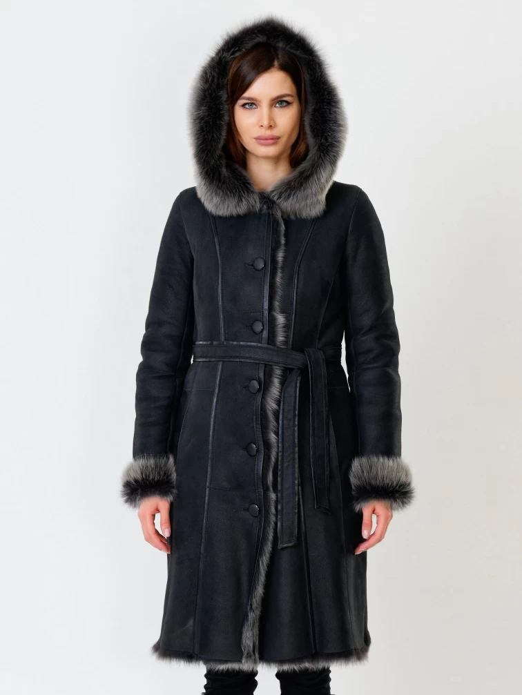 Длинная женская дубленка из тосканы с капюшоном 123нк, черная, размер 52, артикул 61871-6