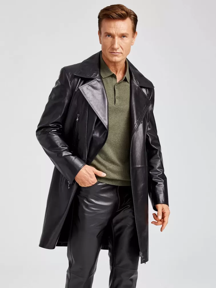 Мужской кожаный плащ косуха премиум класса 554, черный, размер 54, артикул 28920-0