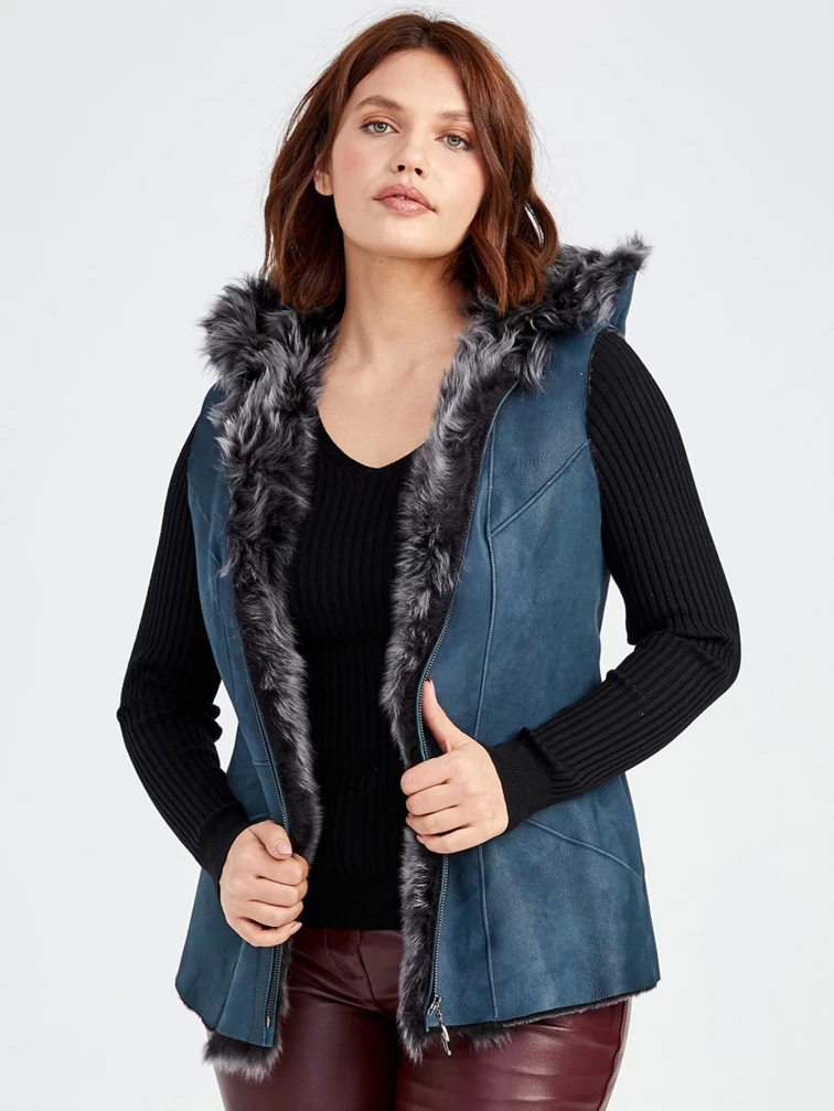 Меховой жилет женский из тосканы с капюшоном 03(к), синий, размер 48, артикул 62210-6