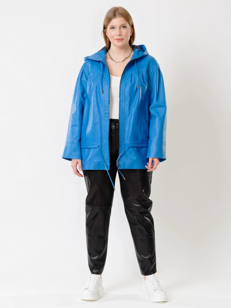 Кожаная женская куртка с капюшоном 303у, голубая, размер 54, артикул 91201-3