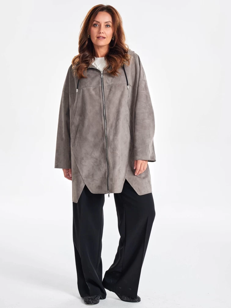 Женское замшевое полупальто оверсайз с капюшоном премиум класса 3059з, серое, размер 52, артикул 64050-5