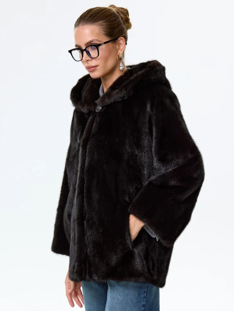 Норковая женская шуба автоледи с капюшоном Яна(к), черная, размер 48, артикул 34150-3