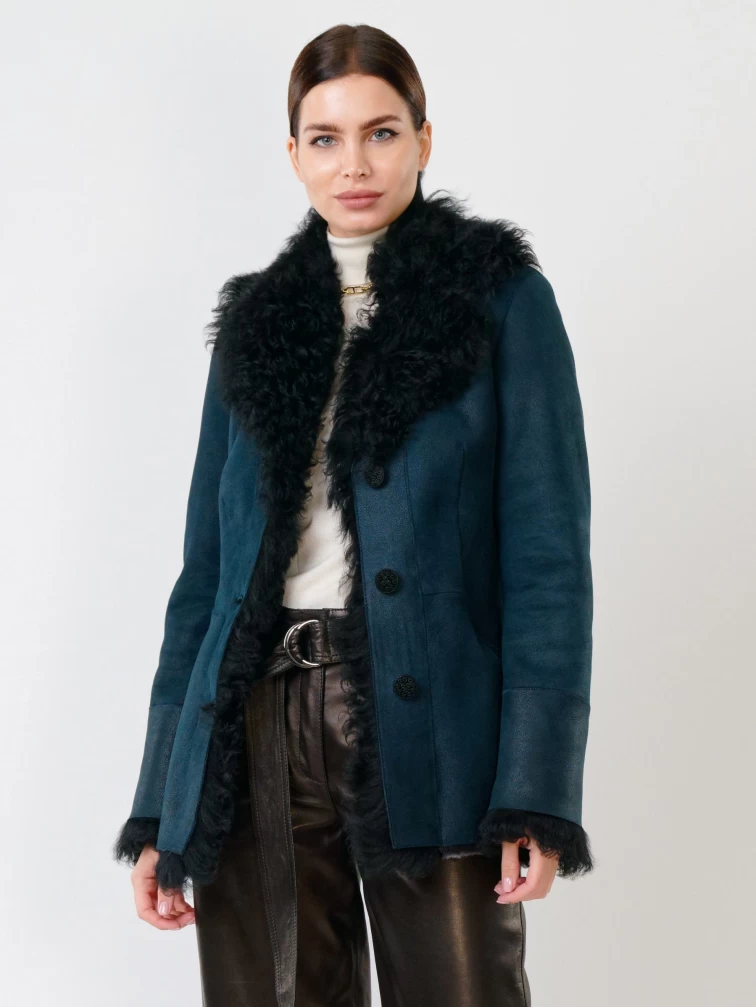 Короткая женская дубленка с овчиной тиградо 289, синяя, размер 42, артикул 61780-0